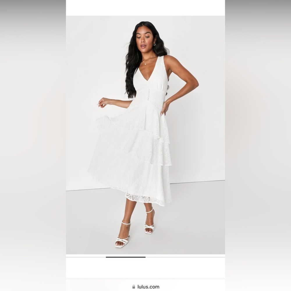 Maximum Poise White Lace Sleeveless
Tiered Midi Dress from Lulus